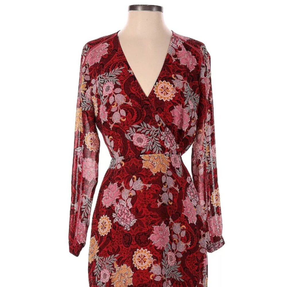 Guess Womens 6 Red Mauve Gold Floral Long Sleeve Lined Wrap Silhouette Dress - Picture 3 of 7